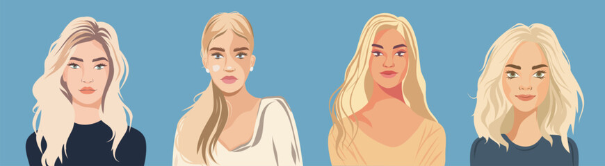  Vector set of portraits of blondes. Avatar girls. Blue color palette. Blonde hair. Postcard, poster. Icon. Activist. feminism. Vector flat illustration
