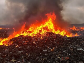 A large pile of trash is on fire, with the flames reaching high into the air. The scene is chaotic and dangerous, with the fire spreading rapidly and threatening nearby structures