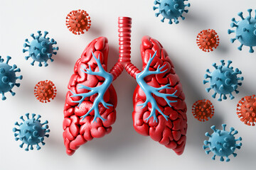 Virus attacking the human lungs. 3D model of human lungs surrounded by virus.