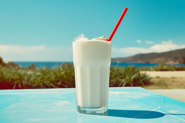 glass of whey protein shake on the beach with drinking straw