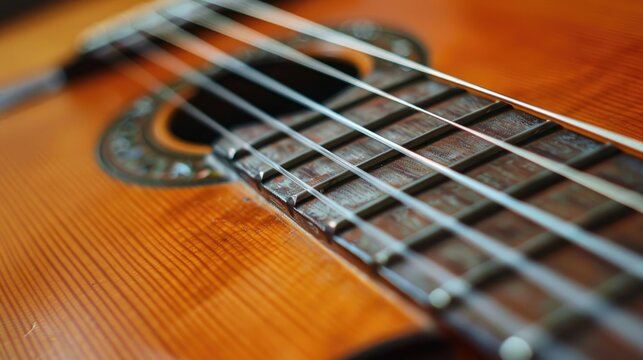 Close up of classical guitar neck and frets