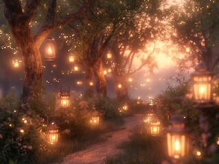 A forest scene with many lanterns hanging from trees. The lanterns are lit up and create a warm, cozy atmosphere. The scene is peaceful and serene