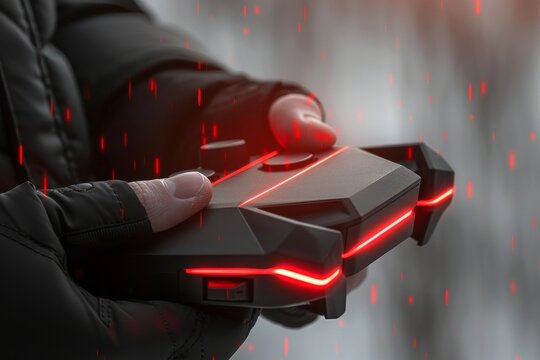 A gamer holding a futuristic video game controller in his hands.