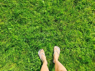 Top-down view of feet in white flip-flops on a vibrant green lawn, sunny summer day concept,...