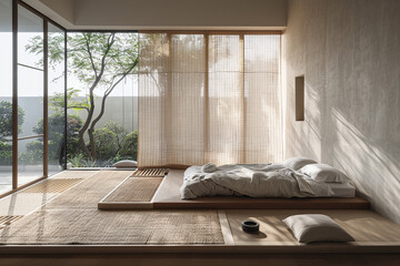 A minimalist bedroom with a low platform bed and a single, textured throw rug.