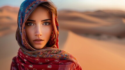 Portrait of a beautiful Muslim woman with beautiful eyes with hijab in the desert during the day in high resolution and high quality. concept culture, woman, religion