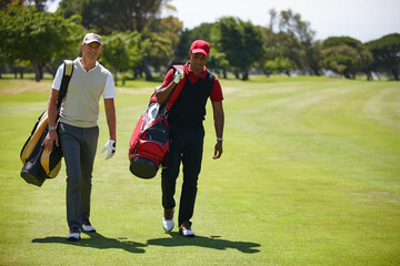 Walking, course and people outdoor for golf, game and training together at club in summer. Golfer,...