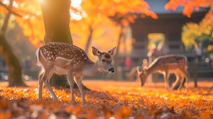 Serene Sika Deer Amidst Nara Park's Autumn Glory, Japan's Natural Splendor Captured