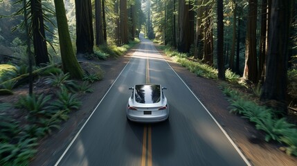 Electric sedan car journeying through an avenue of towering redwood trees, illustrating the concept of eco-friendly travel and modern adventure