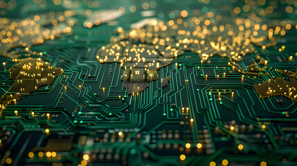 The abstract tech background is made of printed circuit board. Depth of field effect and bokeh, semiconductor chips glowing bright green, 3d rendering