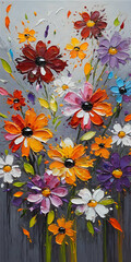 Home wall art, abstract oil painting with colorful flowers, knife painting, Vertical portrait orientation ready for print