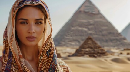 portrait of a beautiful muslim woman with beautiful eyes wearing hijab in egypt with the pyramids...
