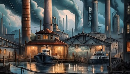 Tugboat reflected in calm waters, factories with smoking chimneys in the background, thick and stormy clouds in the background AI Generated - obrazy, fototapety, plakaty