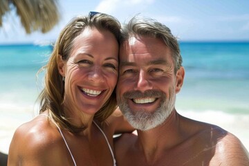 Happy Middle Aged Couple Embracing on Tropical Beach