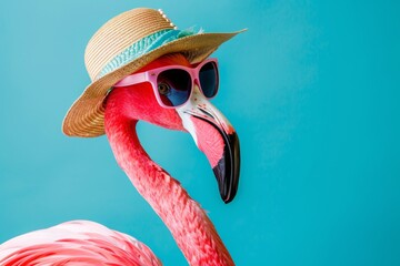 Flamingo with Sunglasses and Hat on Blue Background.  Summer Vacation Concept