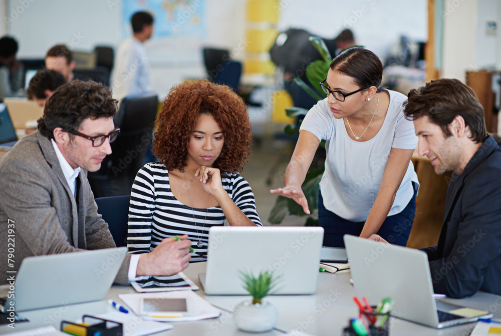 Aufkleber laptop, global company and collaboration in workspace for strategy, content and project management. 