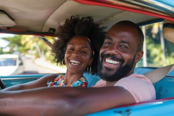Happy African American Couple on a Road Trip in a Vintage Car