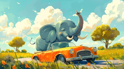 Elephant driving a convertible, whimsical scene, bright sunny day, cheerful colors - obrazy, fototapety, plakaty