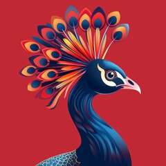 Flat Vector Logo of Peacock on Red Background