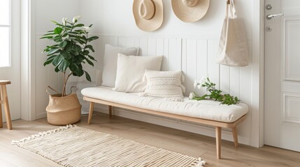 Minimalist Entryway with Wooden Bench and Pillows