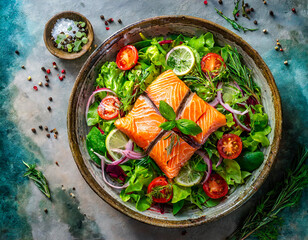 fresh salad with salmon in a bowl isolated on background, top view 