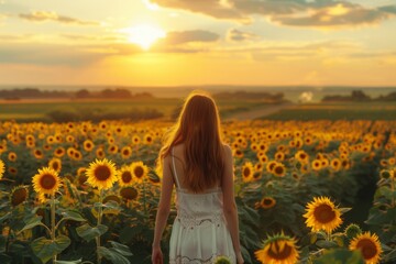 Young Woman in Dress Walking through Sunflower Field at Sunset