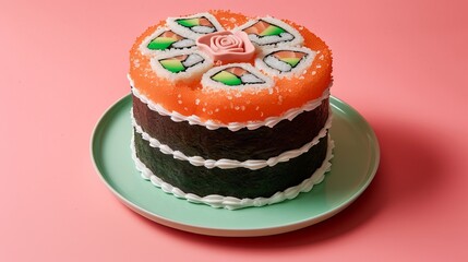 Salmon  sushi cake in green plate