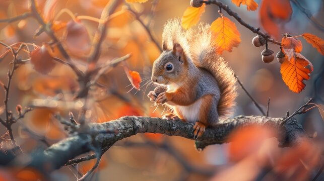 A squirrel perched on an autumn tree branch, showcasing its bushy tail