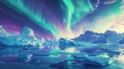 Aurora borealis illuminating Arctic mountains, icebergs, and snowy landscape