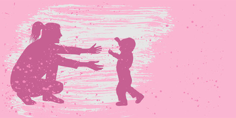 Mother's day. Silhouette of mother and baby first steps on pink background with splashes, copy space. Vector illustration.