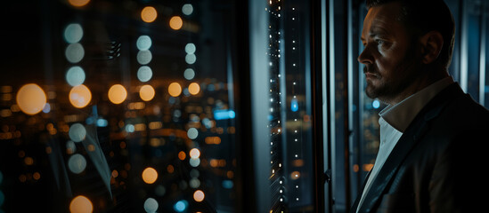 A man stands in a dark server room, gazing at a server, surrounded by hight-tech enviroment and glass walls