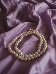 Fototapeta premium Pearl necklace on mauve satin fabric