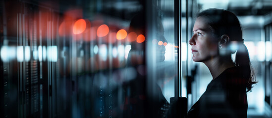 A specialist stands in a dark server room, gazing at a server, surrounded by hight-tech enviroment and glass walls