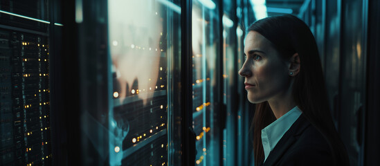 A specialist stands in a dark server room, gazing at a server, surrounded by hight-tech enviroment and glass walls