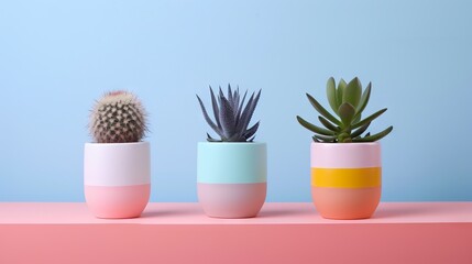  Three cactus and succulents plants in cute planter over two color background