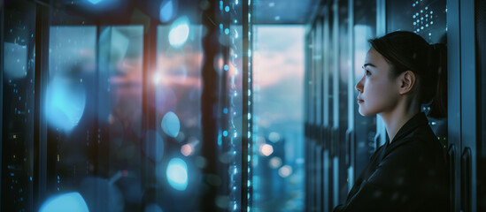 A specialist stands in a dark server room, gazing at a server, surrounded by hight-tech enviroment and glass walls