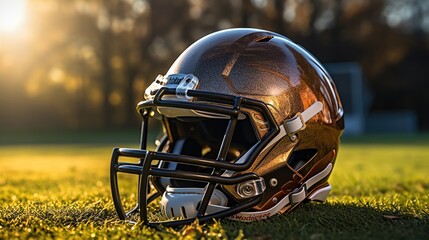 Closeup of an American football helmet on the grass with the field lines visible, highlighting the texture and design of the helmet