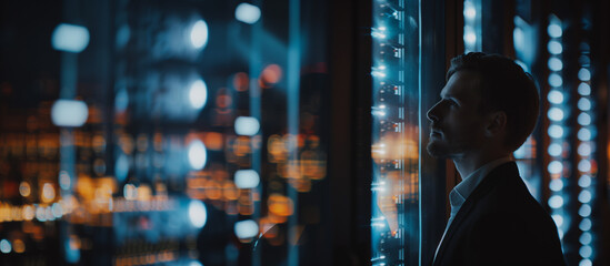 A specialist stands in a dark server room, gazing at a server, surrounded by hight-tech enviroment and glass walls