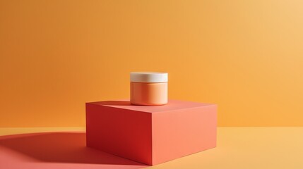 Small jar on a geometric pedestal against an orange background.