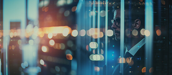 A specialist stands in a dark server room, gazing at a server, surrounded by hight-tech enviroment and glass walls