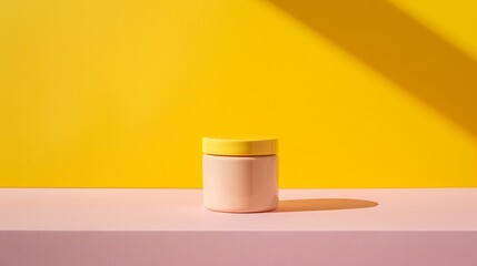 A small jar with a yellow lid sits on a pink surface against a bright yellow background.