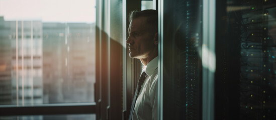 A specialist stands in a dark server room, gazing at a server, surrounded by hight-tech enviroment and glass walls