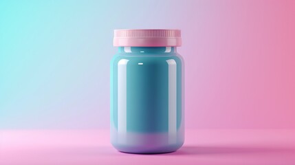 Blue bottle with pink lid on a pink and blue gradient background.