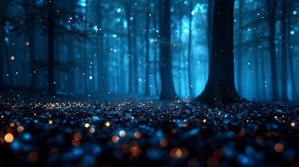 Enchanted blue forest path with glowing lights and mysterious ambiance