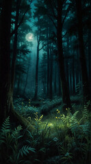 A lush, verdant forest glade illuminated by the soft light of a full moon, where fireflies dance among the ferns and moss-covered trees