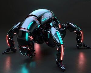 Imagine a futuristic robotic creature with sleek, metallic surfaces and glowing neon accents in a CG 3D rendering that embodies technology and innovation
