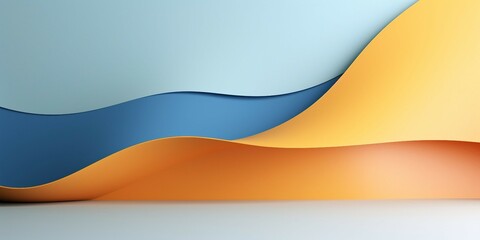 抽象背景横長バナー。水色・マリンブルー・オレンジの曲線的な壁と平らな床がある空間