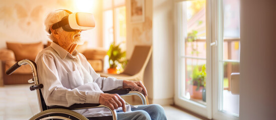 Old man in wheelchair wearing virtual reality headset - adaptation, rehabilitation technology concept - obrazy, fototapety, plakaty
