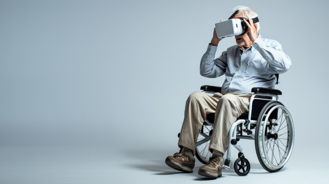 Grandpa in wheelchair wearing virtual reality headset - new possibilities for disabled persons concept