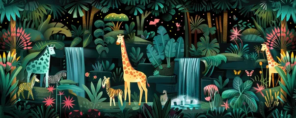  A vibrant jungle scene with exotic animals like zebras and giraffes, lush greenery, and waterfalls © Kien